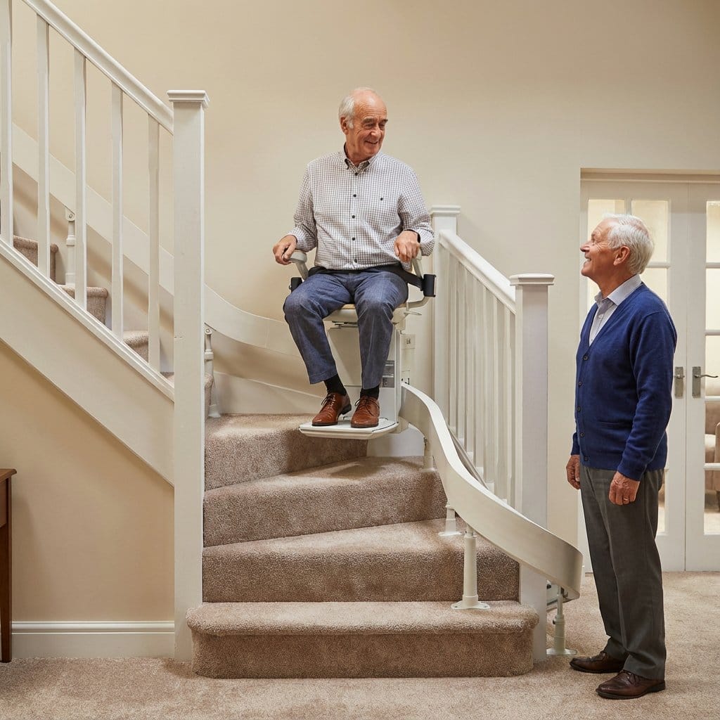 Curved stairlift following a turn on the stairs