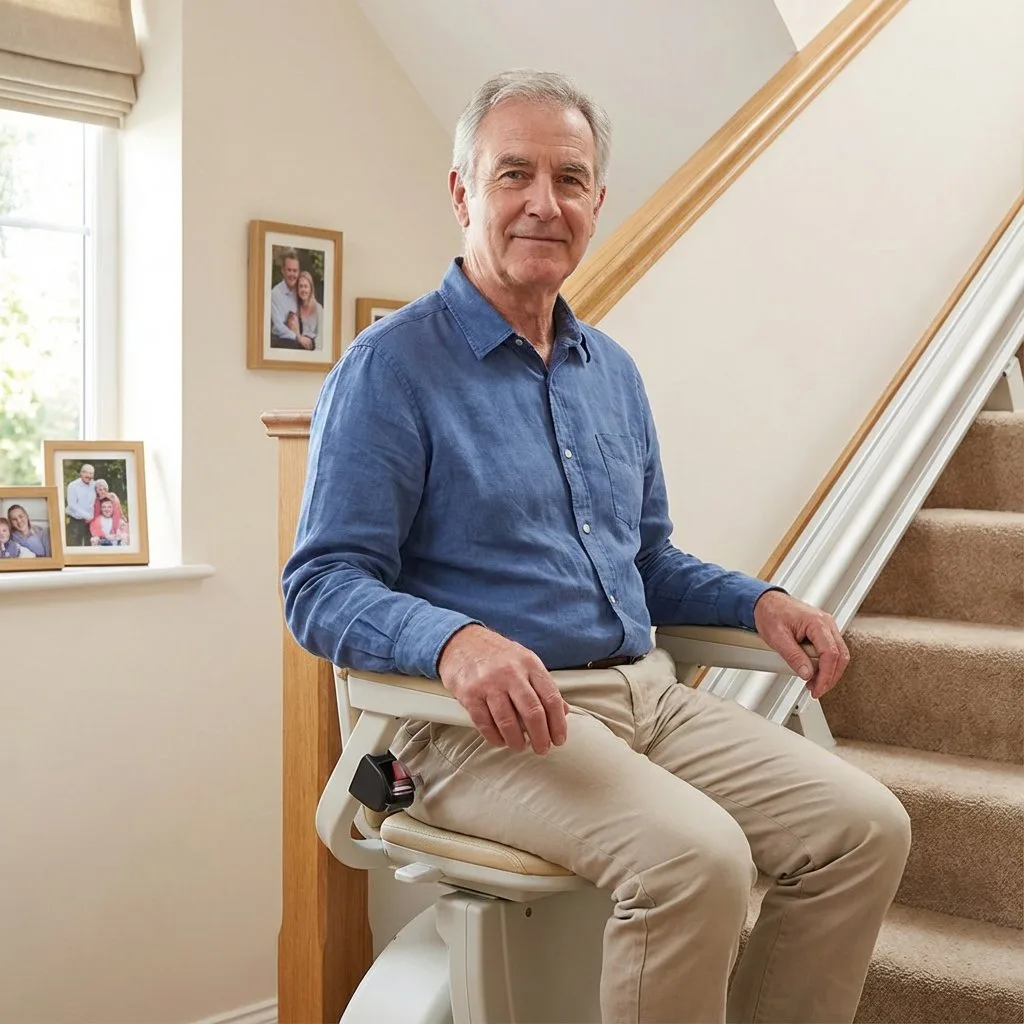 Straight stair lift on a standard staircase with a slim rail fixed to the treads