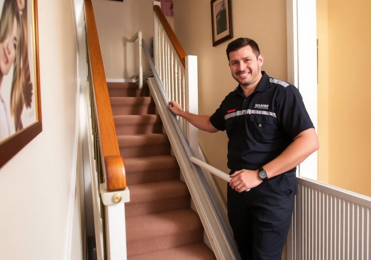 A Manchester Stairlifts engineer demonstrating a newly fitted stairlift