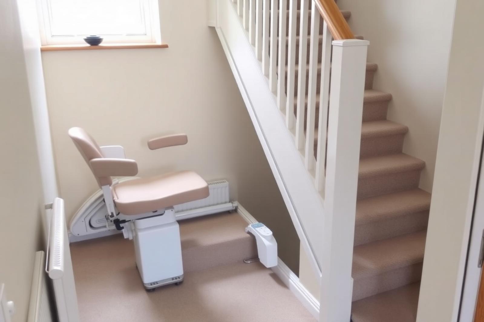 Rental stairlift installed on a carpeted staircase in a Greater Manchester home
